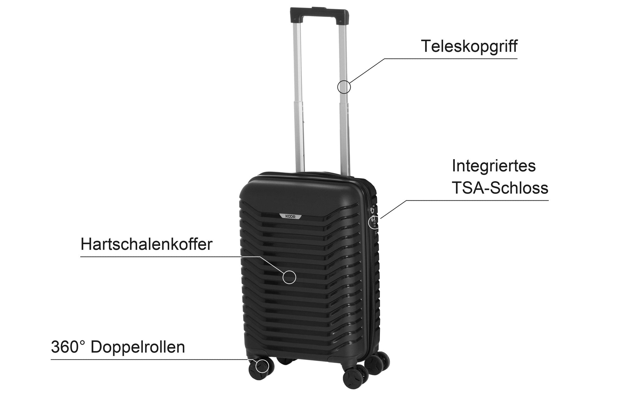 Aussen — Hartschale, TSA-Schloss, Teleskopgriff, 360°-Doppelrollen.